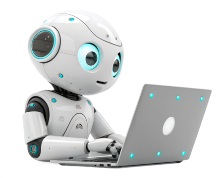 Cute Robot Working on Laptop Coding Artificial Intelligence and the Future of Technology Integration with Human Interaction