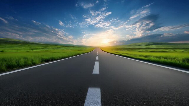 First person view (FPV) video travels along a straight, empty asphalt road that stretches toward a vibrant sun on the horizon, flanked by lush green fields under a dynamic sky. 