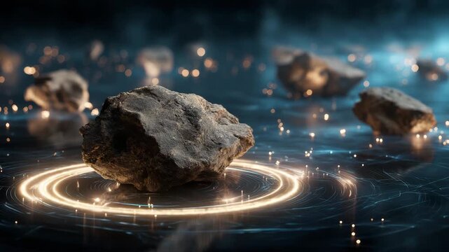 Conceptual of floating rare earth mineral rocks surrounded by glowing energy particles, dark metallic background, concept of power and industrial value, rare earth mining