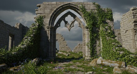 Fototapeta premium Ancient stone ruins overgrown with vibrant vegetation beneath stormy skies landscape
