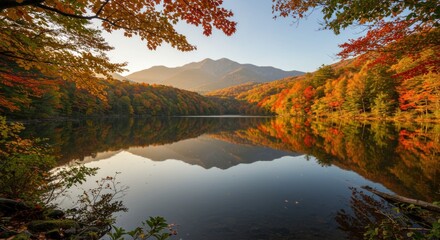 Autumn serenity: A reflective lake scene surrounded by vibrant foliage and distant mountains