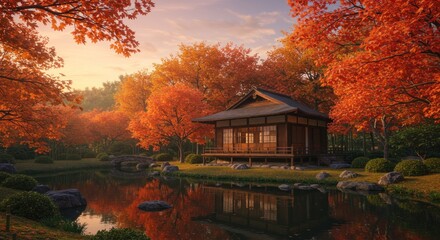 Autumn serenity captured at a lakeside tea house surrounded by fall foliage paradise