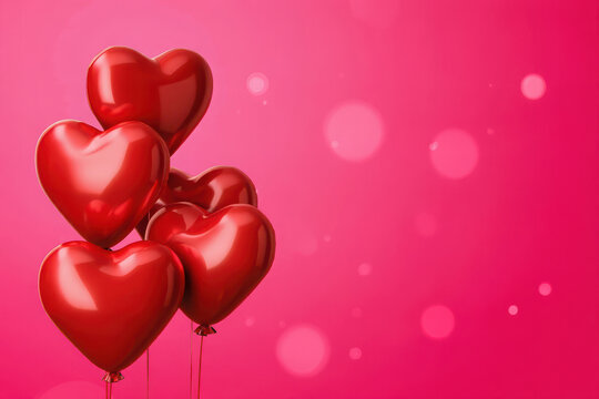 A festive cluster of shiny red heartshaped balloons against a bright pink background with soft, glowing bokeh lights