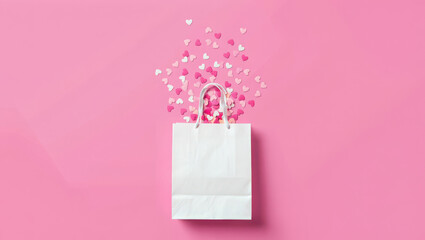 A white paper shopping bag with handles, with a cascade of pink and white heartshaped confetti falling from above against a solid pink background