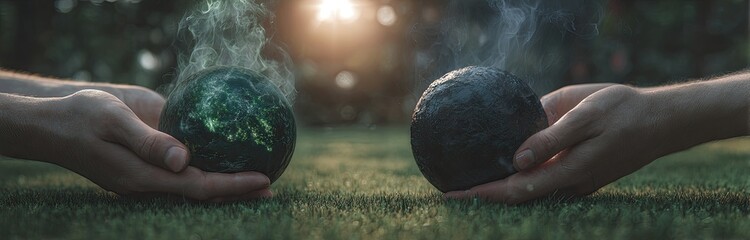 Two hands hold globes, one healthy, one distressed, with smoke rising
