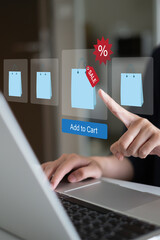 Person using smartphone tablet laptop for home online shopping shopaholic sale discount on price...