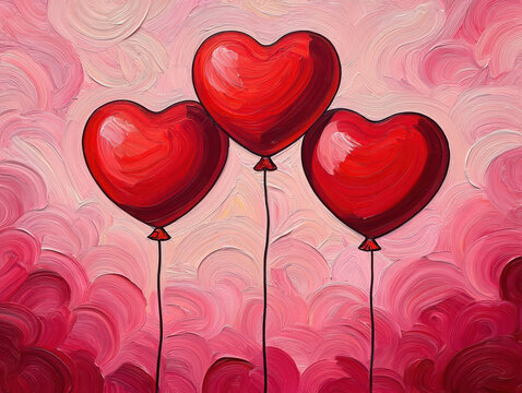 Three vibrant red heartshaped balloons floating against a textured pink and red background, a beautiful painting symbolizing love and celebration
