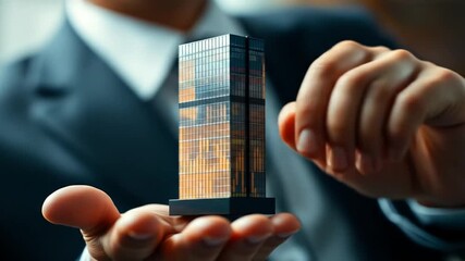 Businessman Holding Miniature Skyscraper Concept of Real Estate Investment