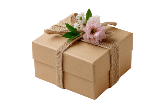 Kraft paper gift box adorned with burlap ribbon and delicate floral arrangement image, Isolated On Png Transparent Background