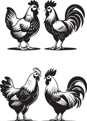 Silhouette of Rooster and chicken hen vector rooster standing on white background