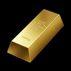 A 3D rendering of a gold bar with a clean, minimal design, shown from the front against a solid black background.
