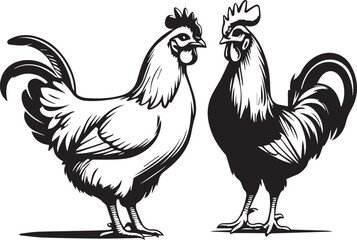Silhouette of Rooster and chicken hen vector rooster standing on white background