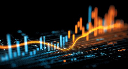 Abstract data visualization with orange and blue lines over a matrix of digital data points