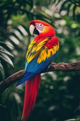 Obraz premium Vibrant macaw perched on branch, lush green foliage
