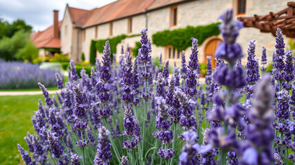 Obraz premium Lavender blooming in a beautiful garden of a medieval monastery