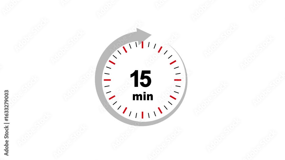 Poster timer icon with 15 min. timer 15 minutes countdown icon. motion graphic arrow clock 15 minute icon, 