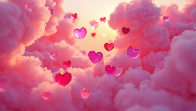 Numerous pink and red heart shaped balloons floating amidst soft, fluffy pink clouds with a warm, glowing light - Powered by Adobe