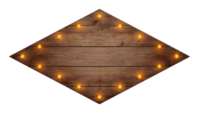 Rustic wooden sign illuminated with vintage lights against a dark background design element