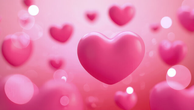 A cluster of glossy pink hearts floating in a soft, blurred pink background with bokeh lights, representing love and affection - Powered by Adobe