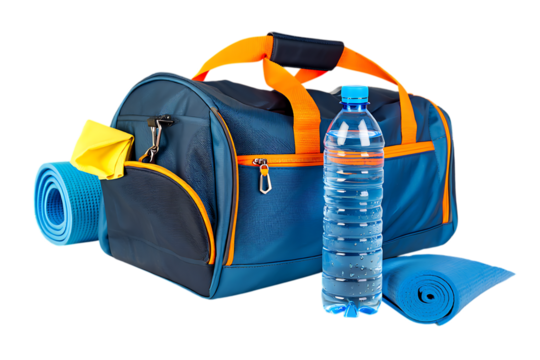 Vibrant blue and orange duffel bag with a water bottle and rolled yoga mat, ready for fitness.