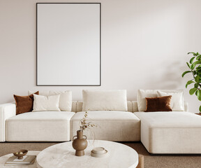 Vertical Frame Mockup Above Modern White Sofa in Cozy Scandinavian Living Room – Close-Up View