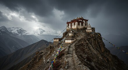 Obraz premium Illustration of taktsang palphug monastery on top of a mountain with prayer flags