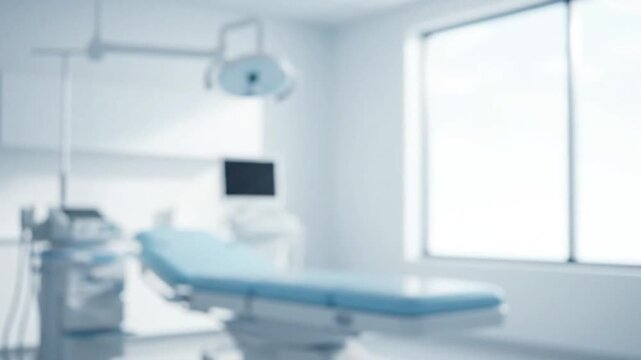 Out-of-focus modern medical clinic interior, white and light blue color palette, faint shapes of equipment and examination bed