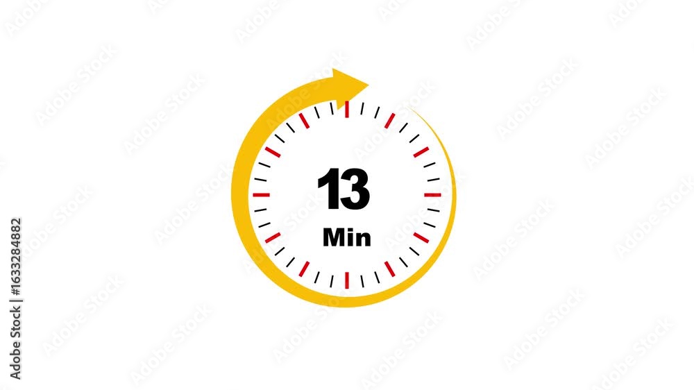 Poster a clean and modern 13 minute timer animation with a red circular arrow on white background . deliver
