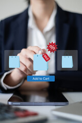 Person using laptop smartphone choosing buying product with discount price tag in mid year sale year end sale e-commerce online shopping at home technology lifestyle concept digital shopaholic