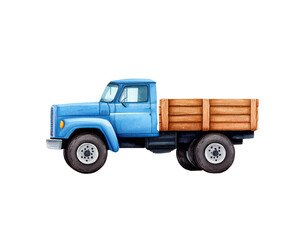 Fototapeta premium Vintage blue pickup truck with wooden bed