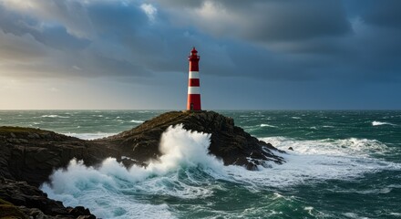 Illustration of red and white lighthouse stands tall against the stormy sea and rocky coast