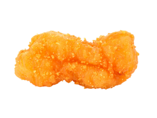 Crispy golden chicken nugget closeup shows detailed texture, breaded coating, and appetizing snack on a clean white background.