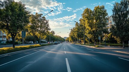 Empty city street lined with trees under a partly cloudy sky