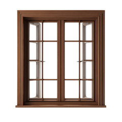 Fototapeta premium Ornate wooden framed window with open casements brown, Isolated On Png Transparent Background