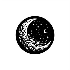 Crescent Moon with Stars and Waves.