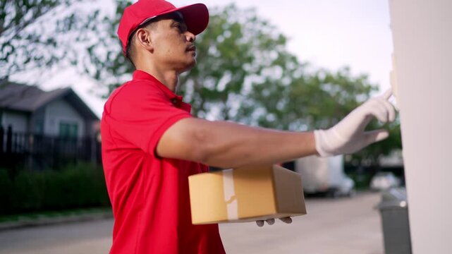 Delivery worker in red uniform holding cardboard box pressing doorbell outdoors near house with trees and truck in background on sunny day street