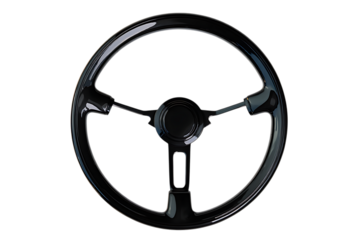 Sleek black vintage car steering wheel with a glossy finish and a classic three-spoke design.