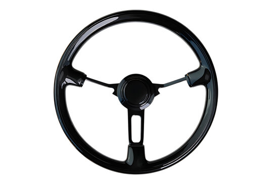Fototapeta Sleek black vintage car steering wheel with a glossy finish and a classic three-spoke design.