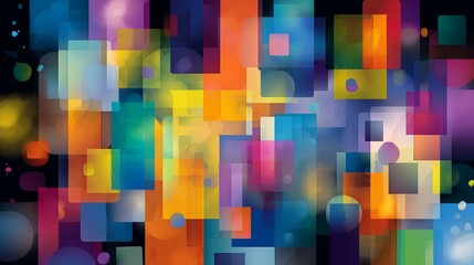 Abstract geometric shapes in vibrant, overlapping colors on a dark background