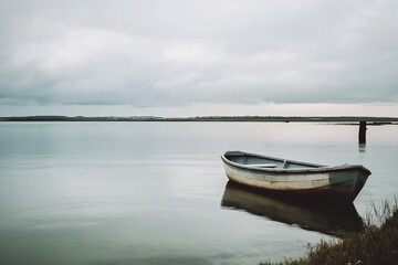 Naklejka premium Calm, grey lake with a small, weathered boat