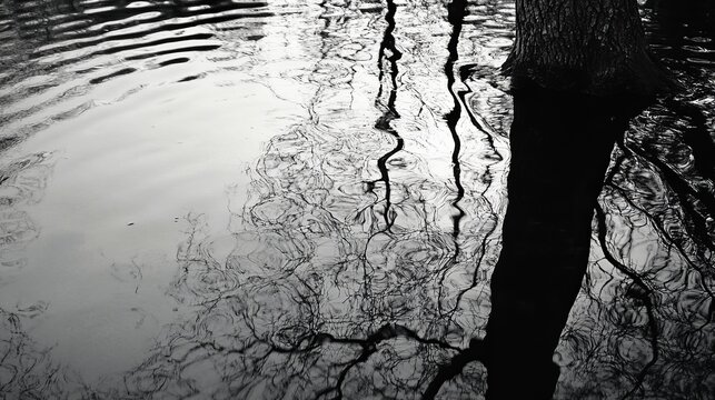 Rippled water reflecting bare tree branches