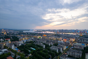 Aerial view of  Xiangyang Ancient  city in Hubei, on the Han River, built in Western Han Dynasty, surrounded by water on three sides, well-preserved.