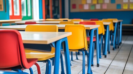 Colorful classroom with rows of desks and chairs