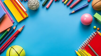 Colorful school supplies arranged on a bright blue background, forming a frame