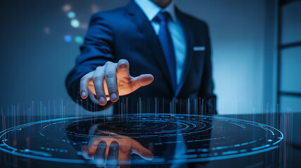 Businessman in a suit touching a futuristic holographic interface with glowing digital data and technology