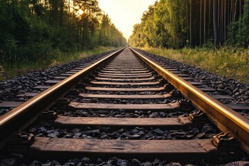 Fototapeta premium Railroad tracks stretching into a sunlit forest