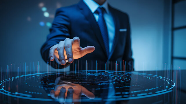 Businessman in a suit touching a futuristic holographic interface with glowing digital data and technology