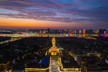 Aerial view of  Xiangyang Ancient  city in Hubei, on the Han River, built in Western Han Dynasty, surrounded by water on three sides, well-preserved.