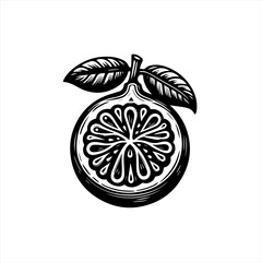 Stylized Black and White Citrus Fruit Slice with Leaves.