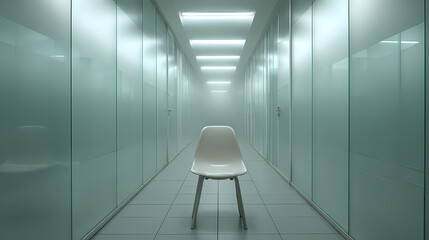 sterile corridor with frosted glass panels and continuous white lighting